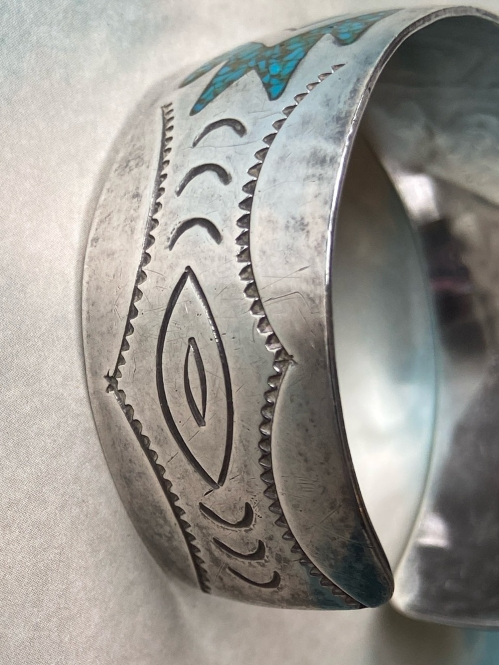Turquoise and Corral Inlay Sterling Silver Cuff Bracelet, Native American - Picture 10 of 12